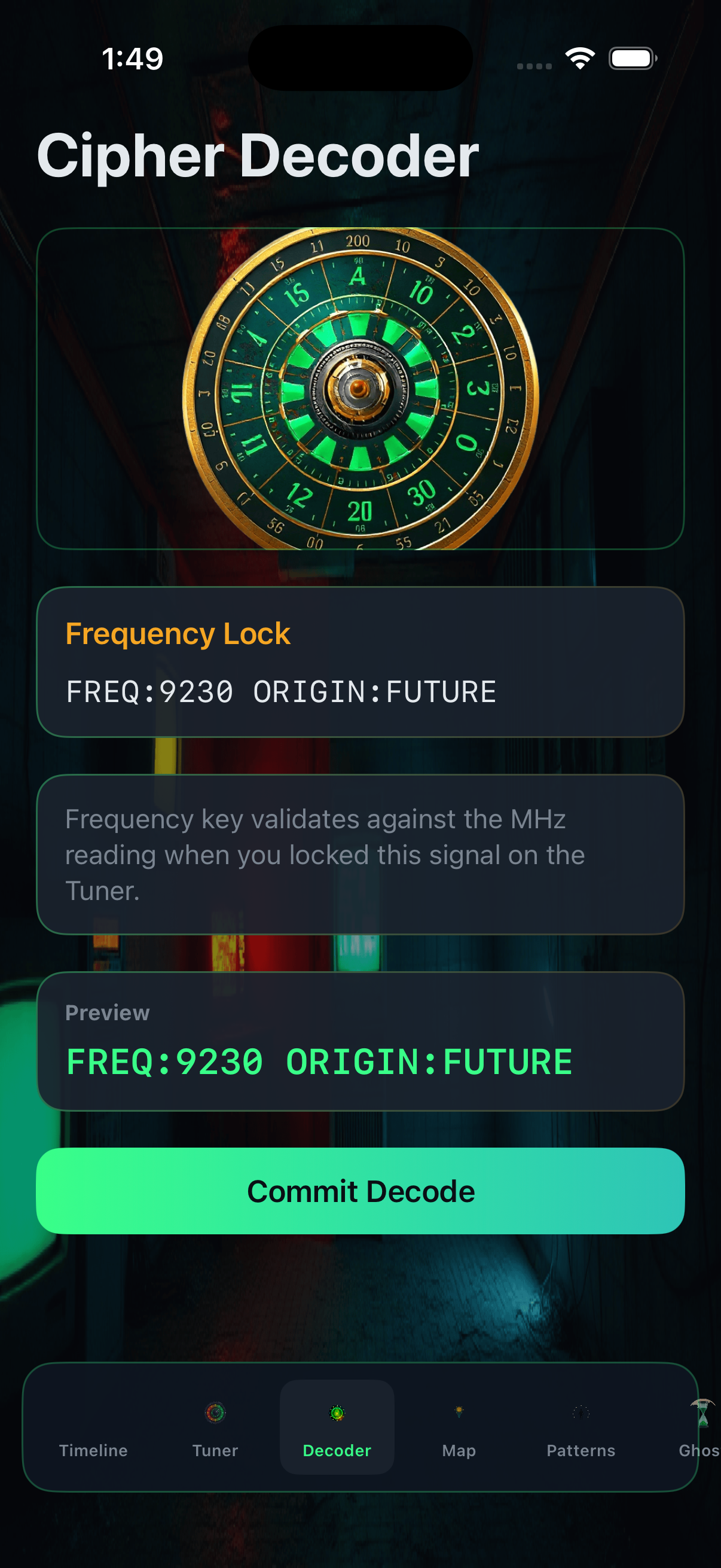 Cipher decoder screen in Signal Lost
